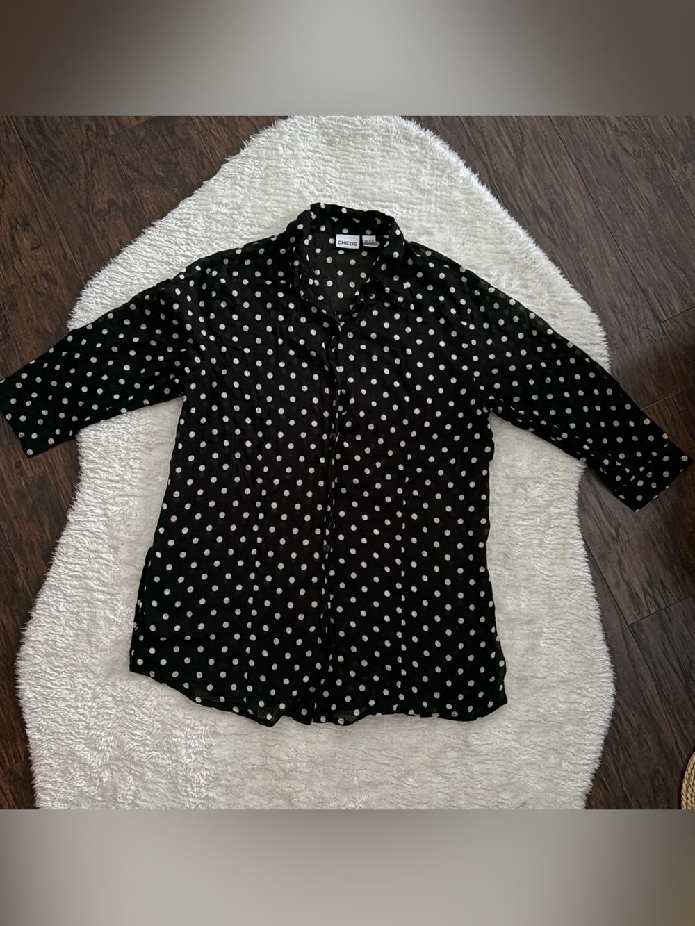 Chico’s Black Polkadot 3/4 Sleeve Cotton Shirt